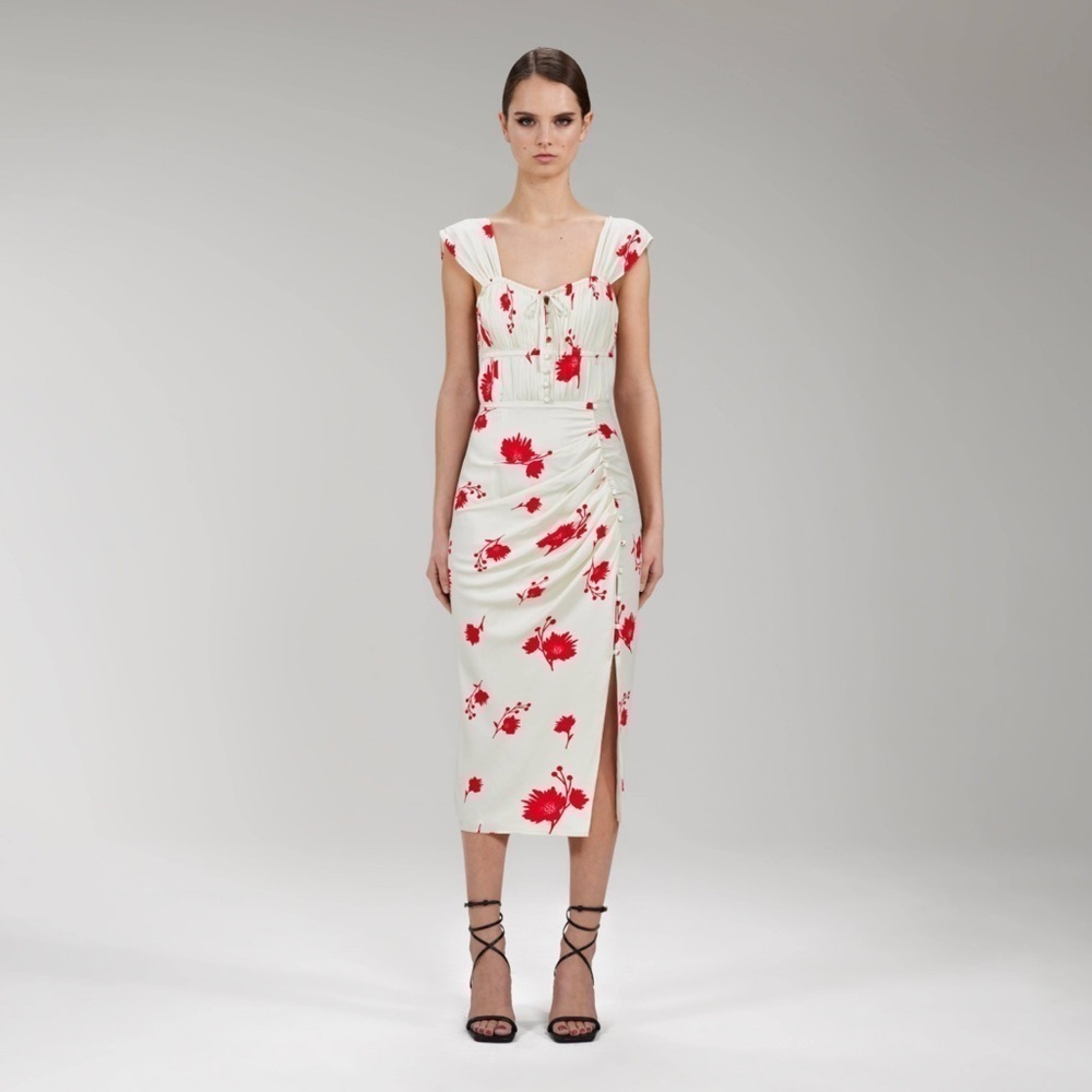SELF-PORTRAIT Wild Daisy Print Stretch Crepe Midi Dress Size 4 NWT